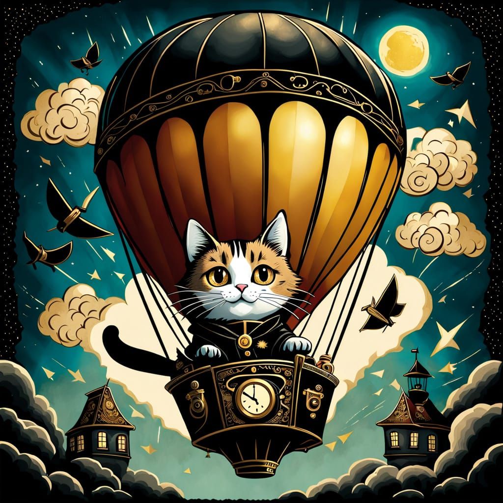Steampunk Cat Pilots Hot Air Balloon in Storm