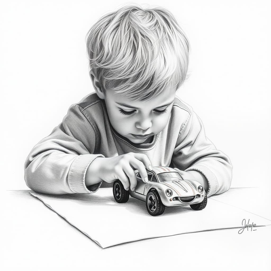 Detailed Charcoal Drawing of Boy with Toy Car