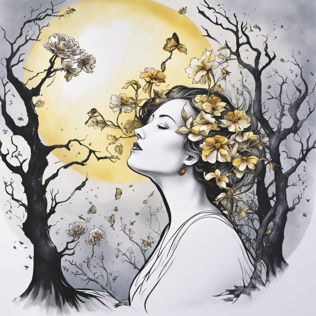 Surrealistic Woman with Blooming Flower in Dark Forest