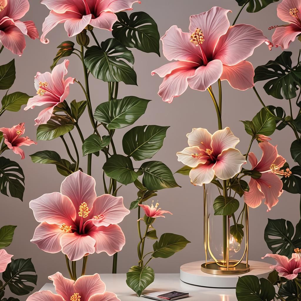 Glowing Hibiscus Flower Lamp Sculptures in HDR