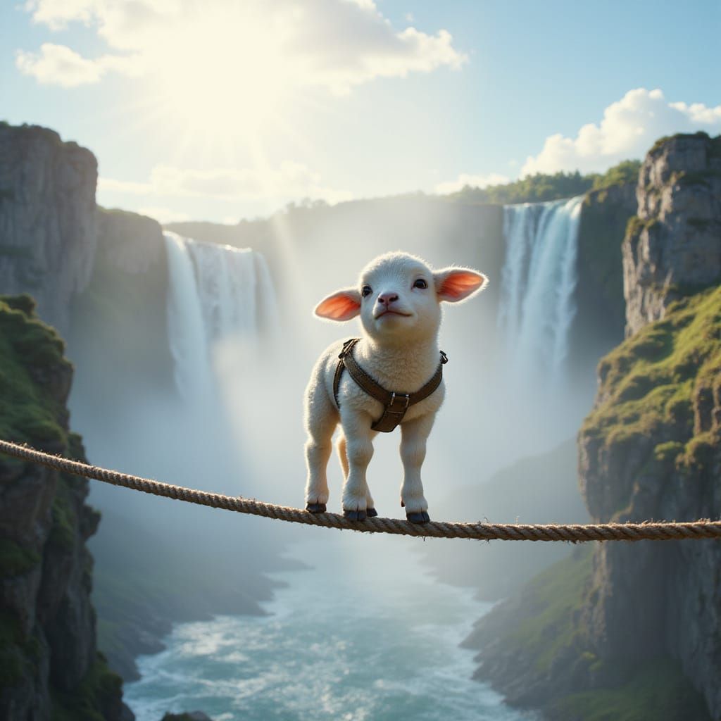 Lamb Walking Tightrope Over Niagara, Pixar Style