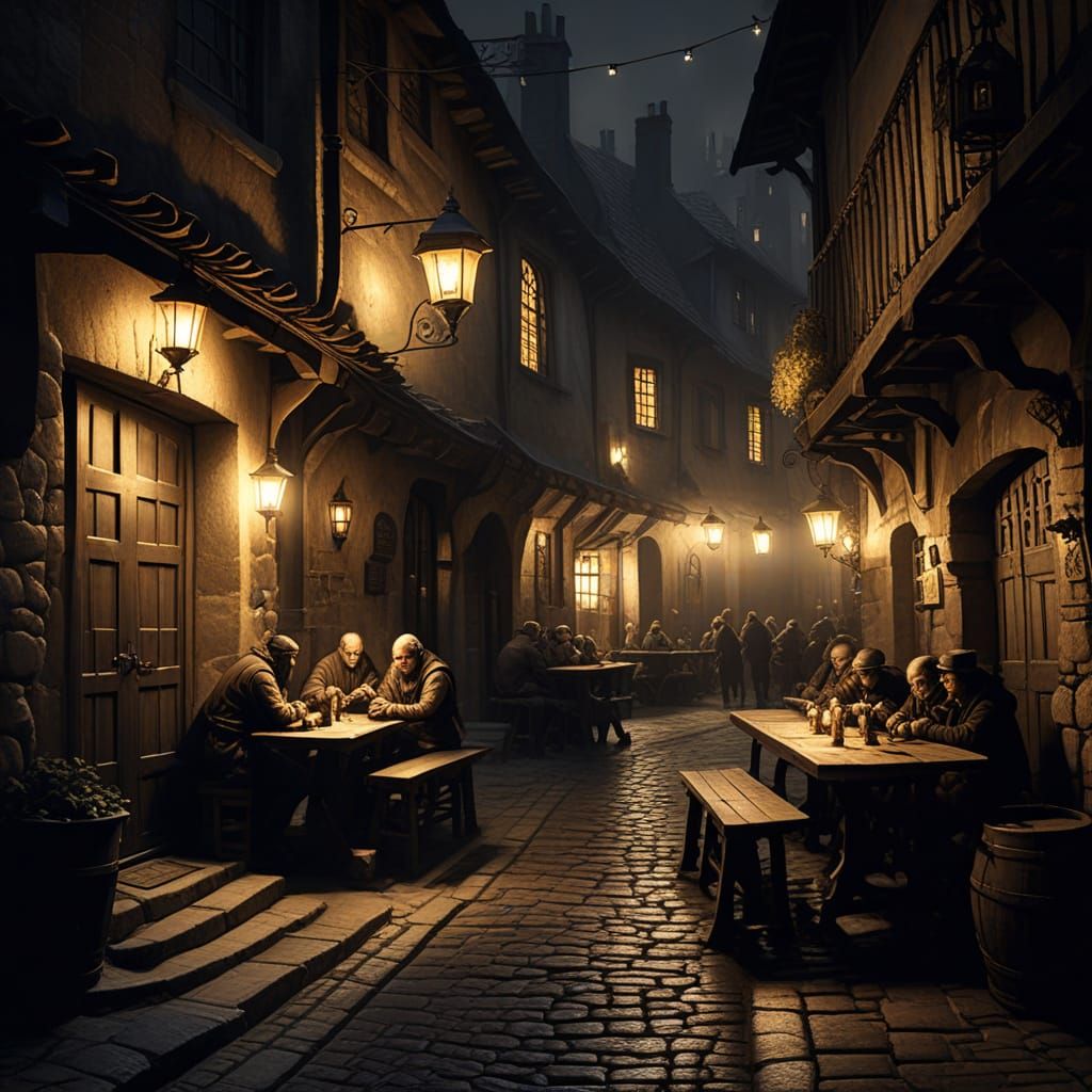 Medieval Tavern in Stone Alleyway Charcoal Drawing