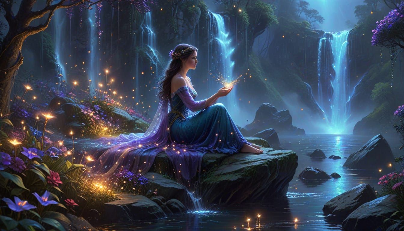 Sorceress at Crystal Waterfall: Fantasy Art