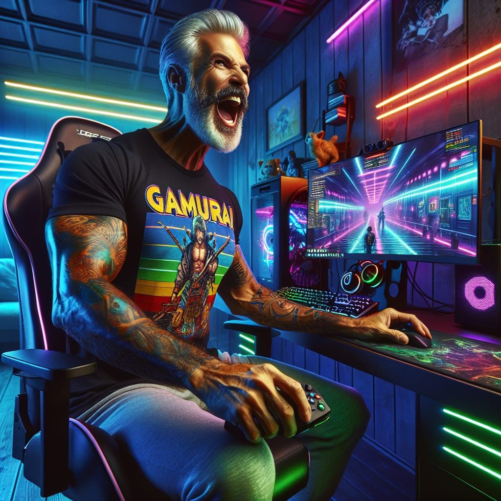 Gamer in Cyberpunk Room Playing Futuristic Game
