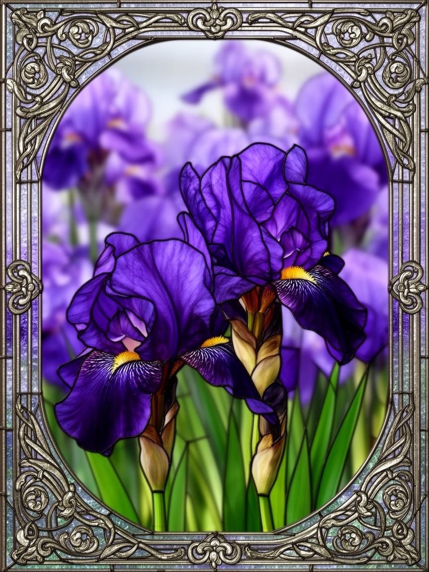 Stained Glass Purple Bearded Iris Flowers Mosaic