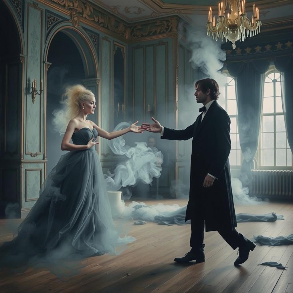 Sad Man Reaching for Smoke Woman in Ballroom