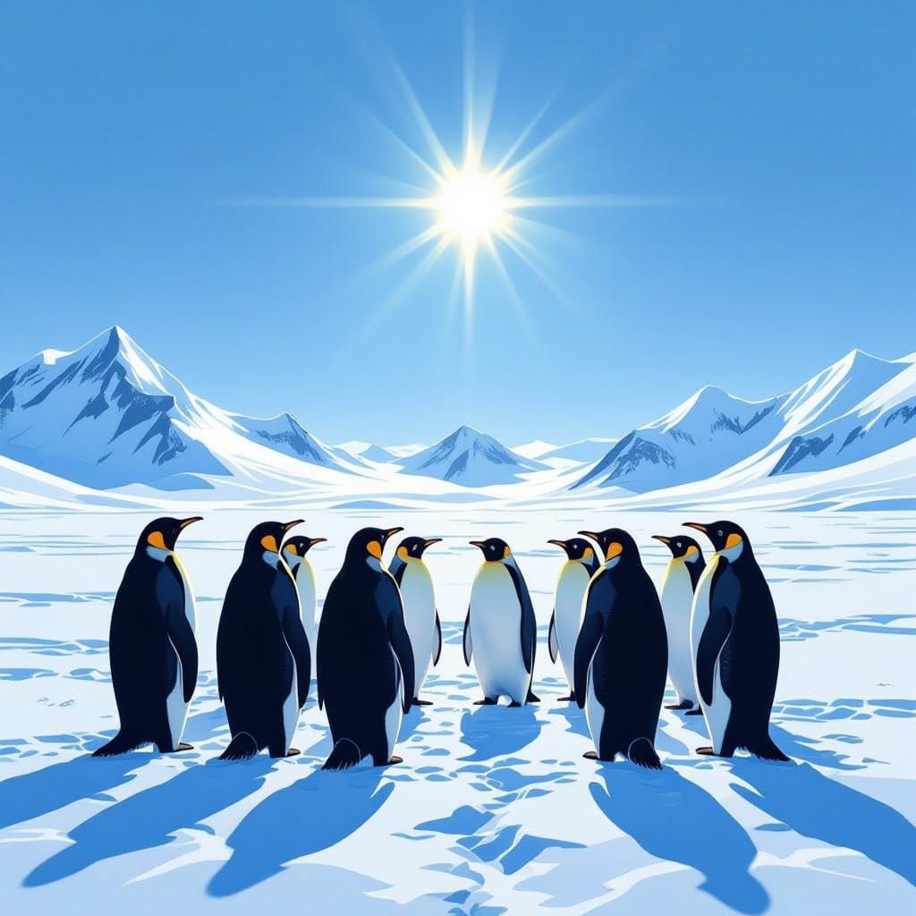 Emperor Penguins in Snowy Antarctic Landscape