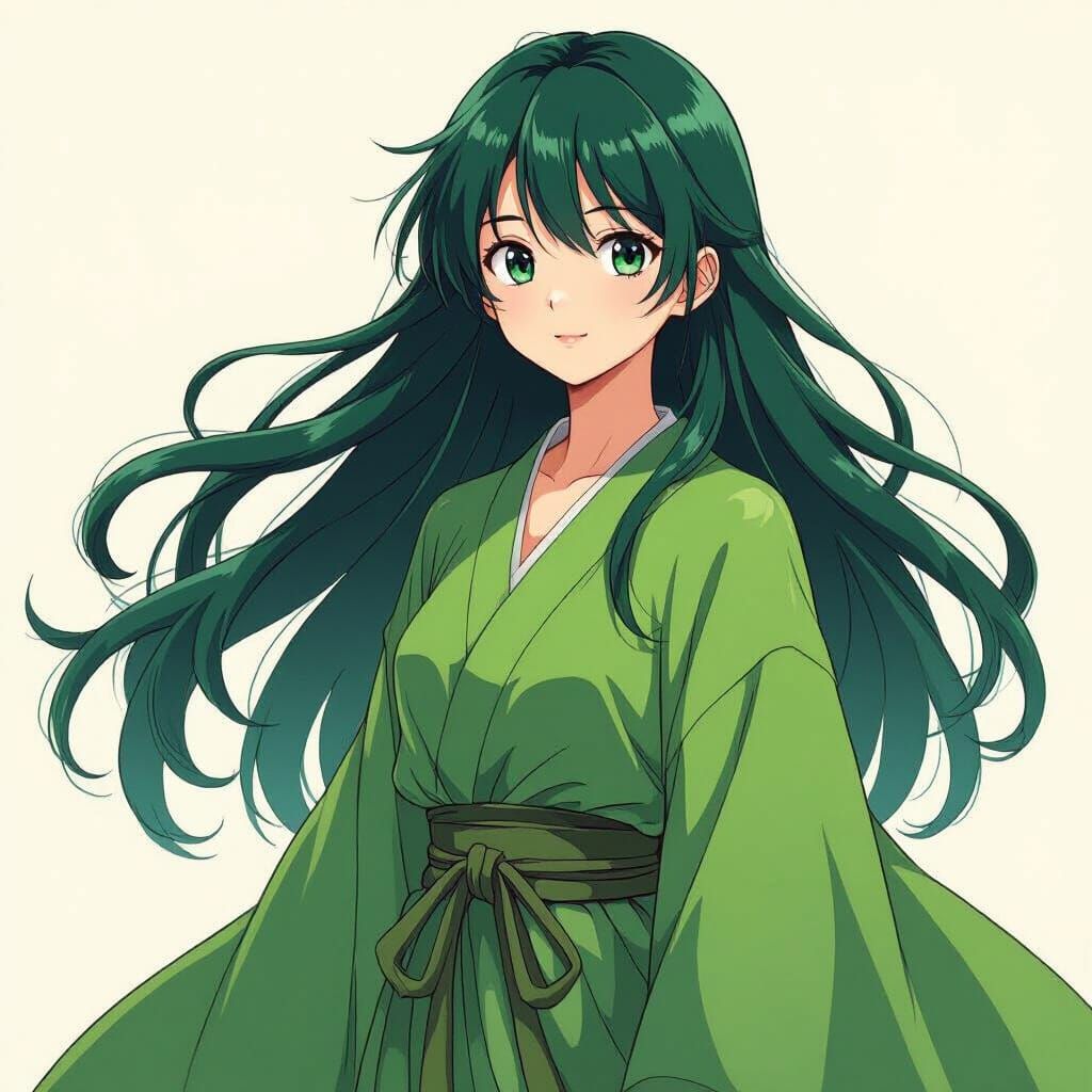 Anime Teen Girl in Green Robe, Cel-Shaded Style