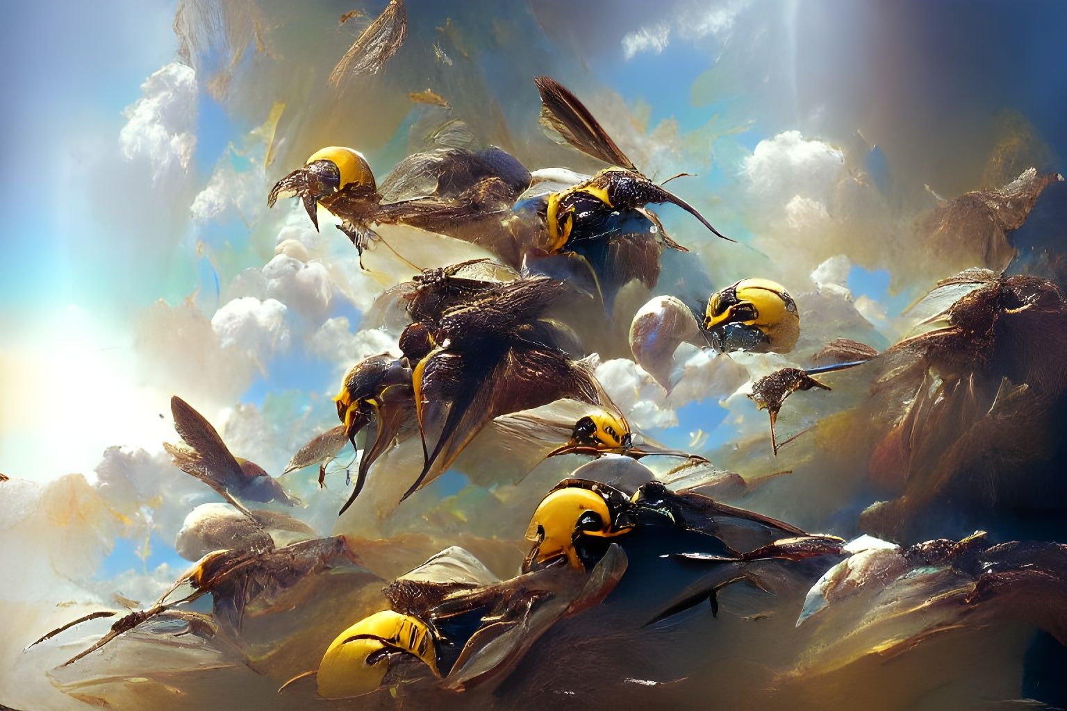Swarm of Wasps in Realistic Golden Age Style