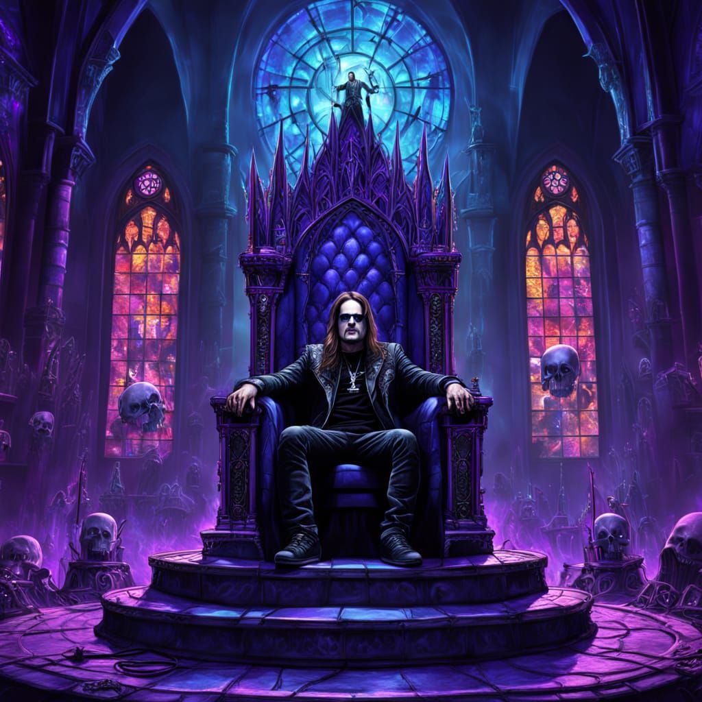 Ozzy on Amplifier Throne in Gothic Fantasy Digital Art