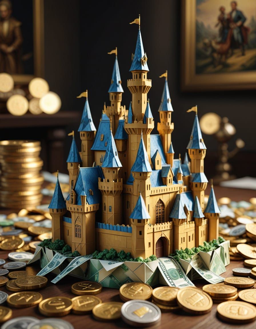 Origami Castle Crafted from Banknotes on Gold Coins