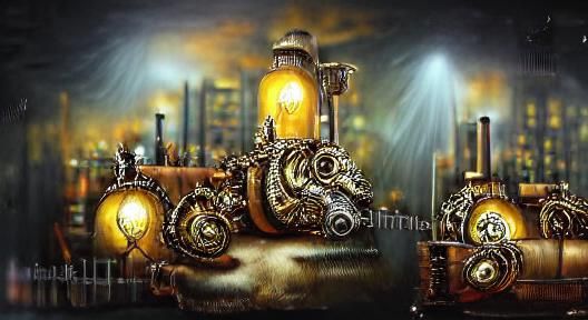 Steampunk Machine Factory in Dim Light, 3D Painting
