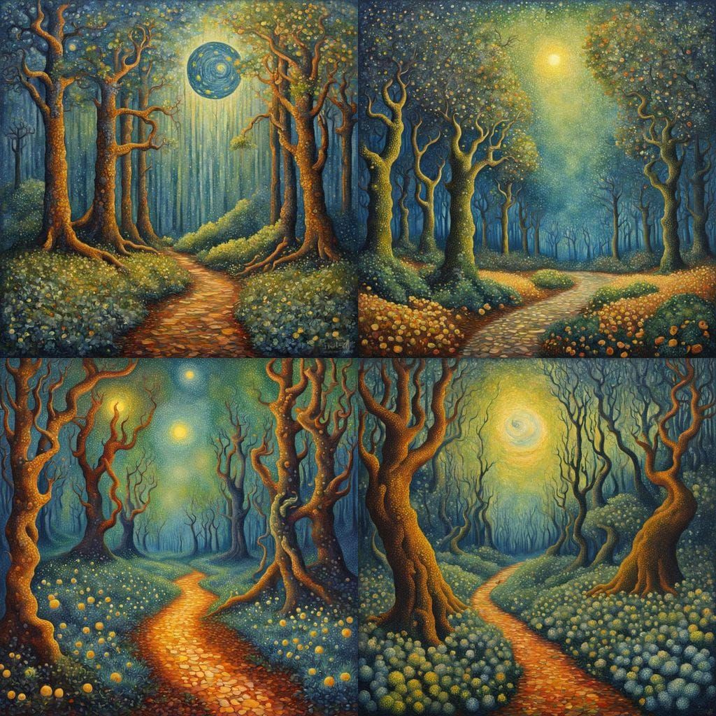 Whimsical Pointillist Forest in Dreamlike Surrealism
