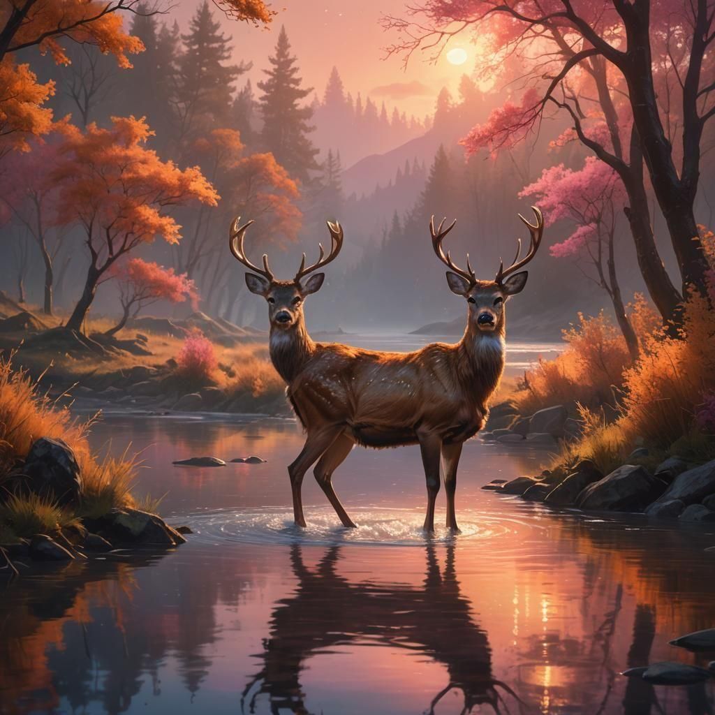 Deer in Sunset River: Fantasy Concept Art