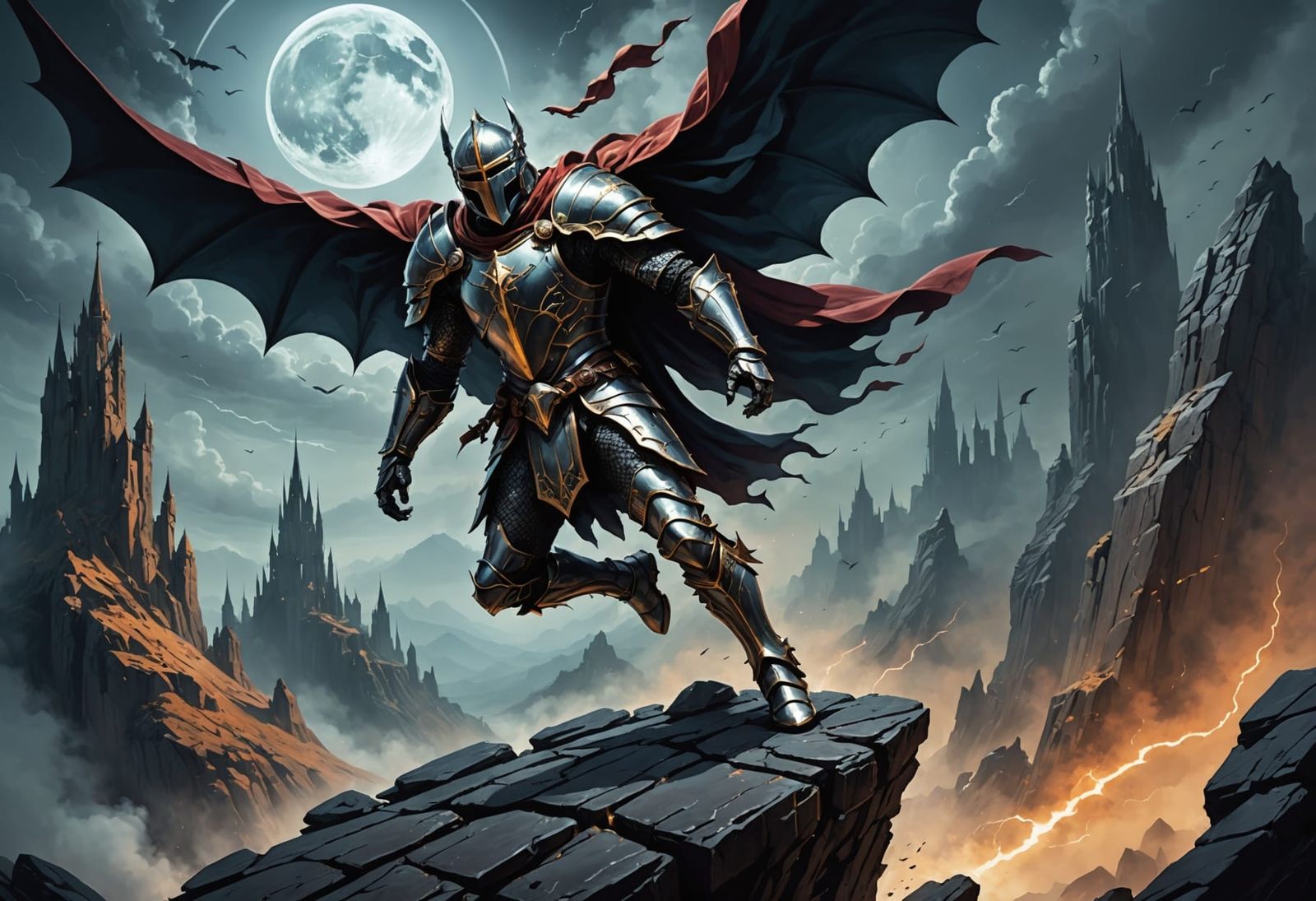 Knight's Comical Leap Over Chasm in Alien Landscape