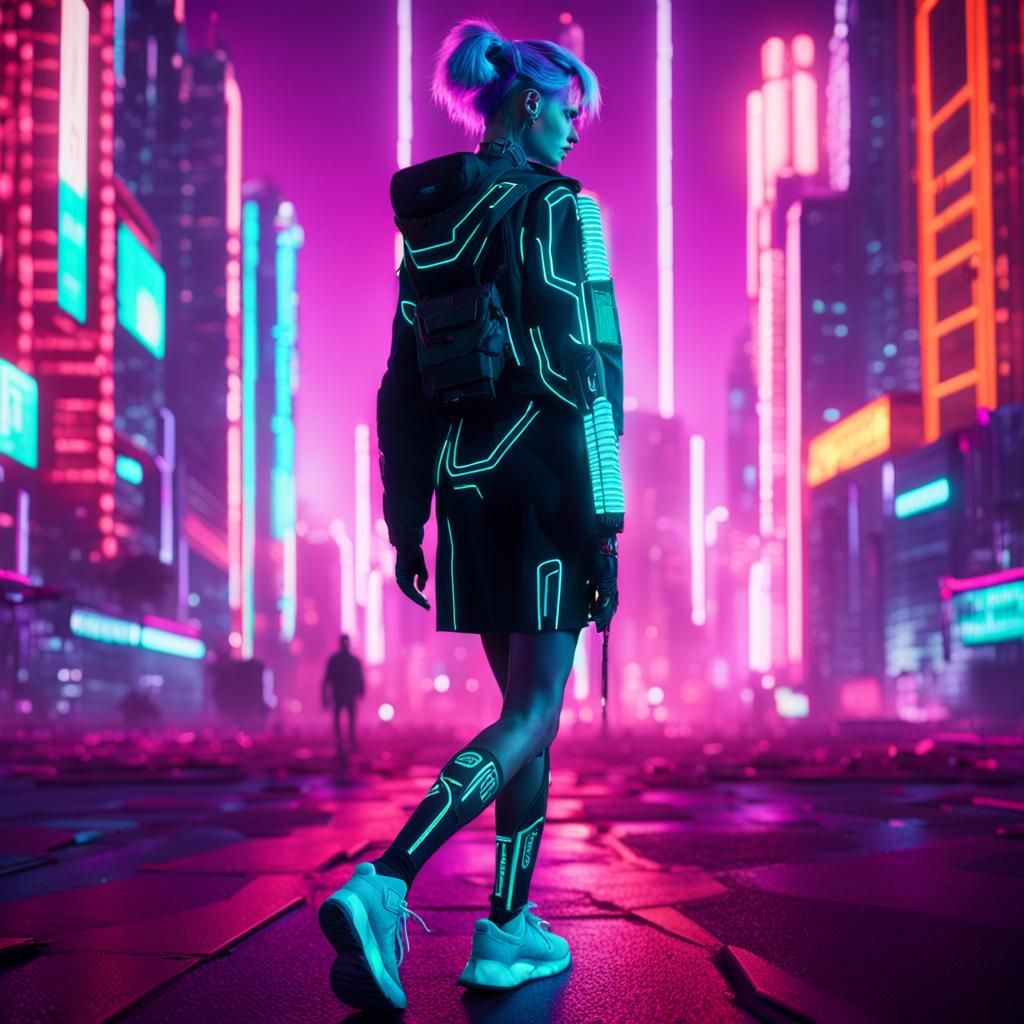 Cybernetic Woman in Neon City: Cyberpunk Film Still