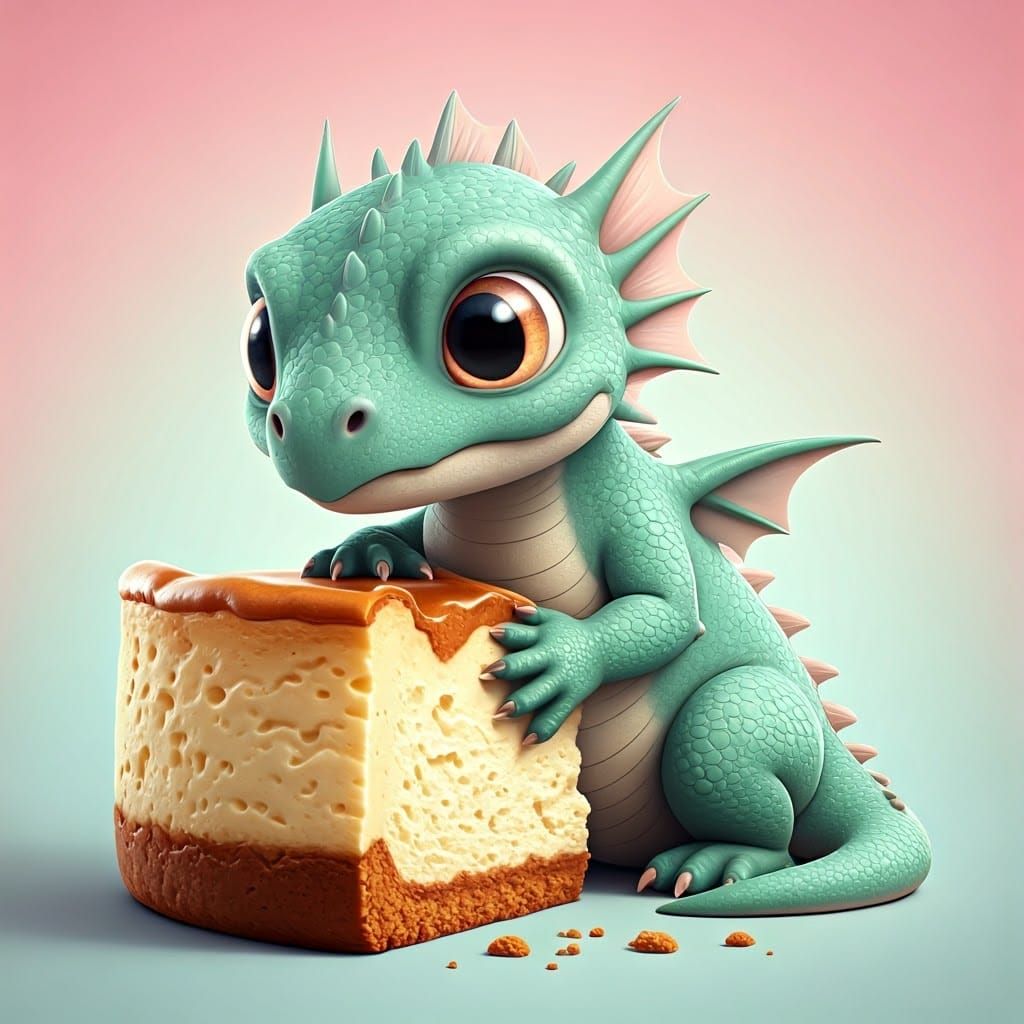 Baby Dragon Lounging on Cheesecake in 3D