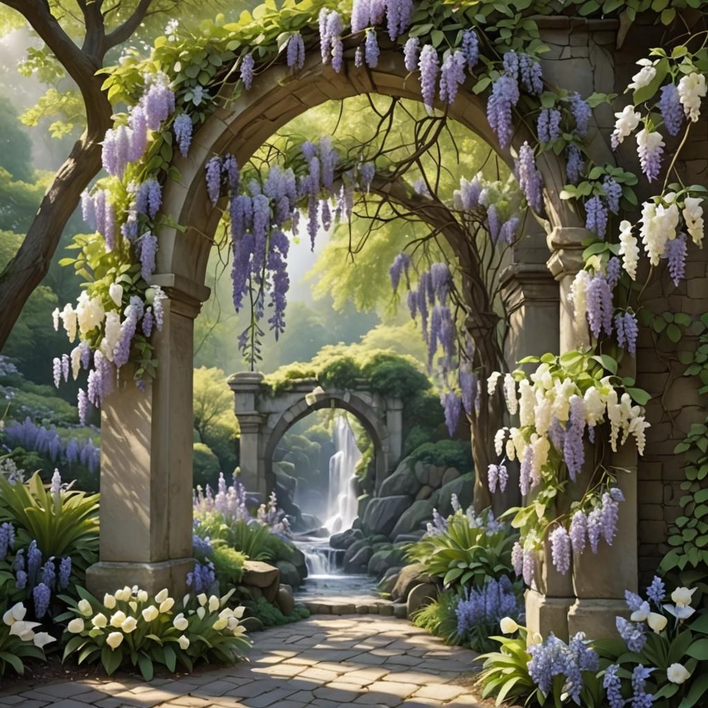 Hyperrealistic Floral Archway to Misty Waterfall