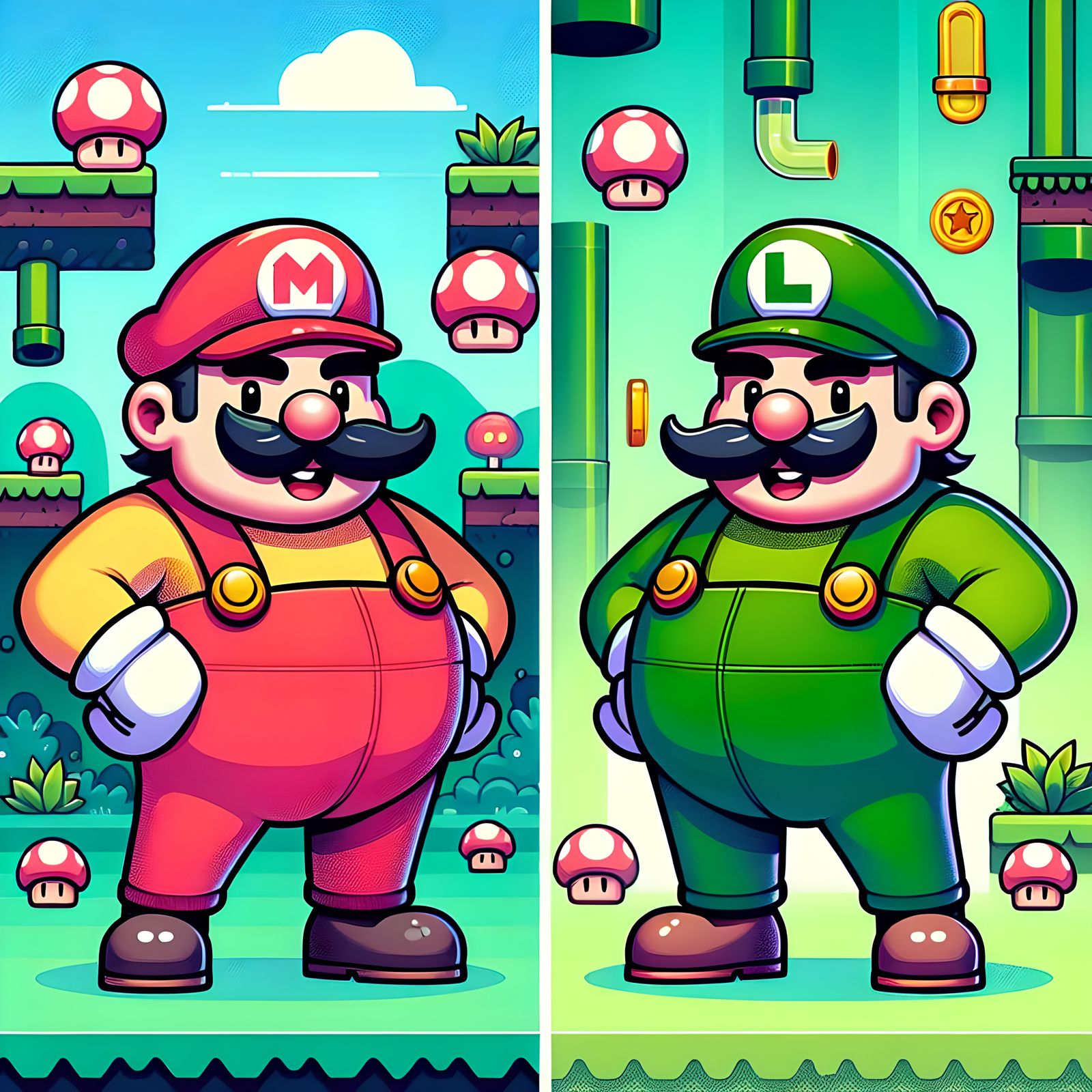 Video Game Heroes in Whimsical Mushroom Kingdom