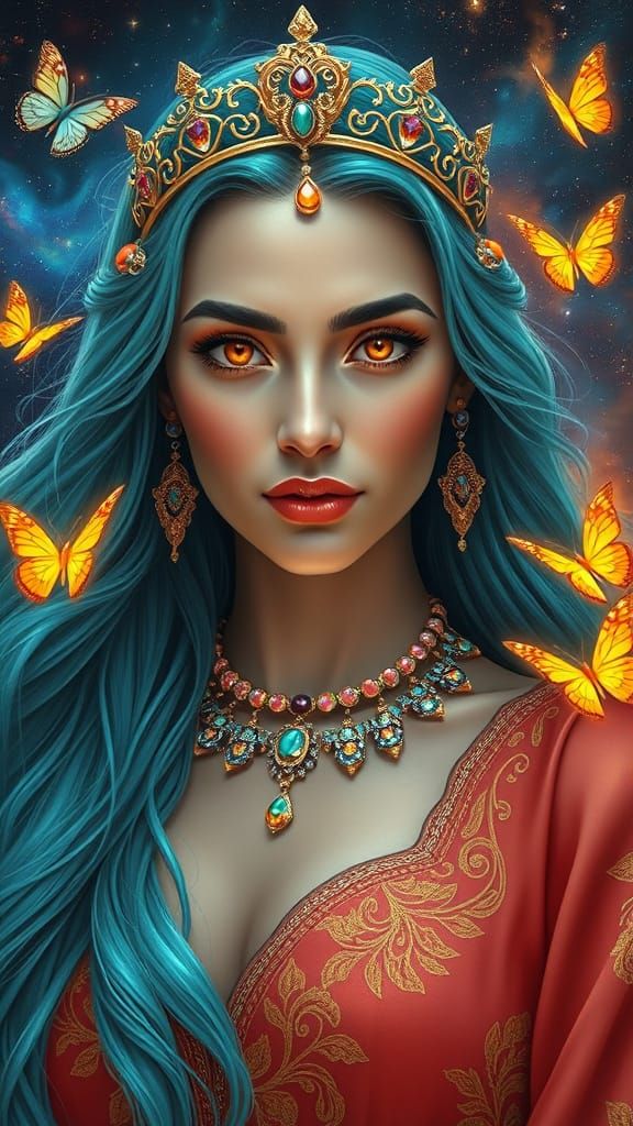 Elegant Woman in Cosmic Landscape with Glowing Butterflies