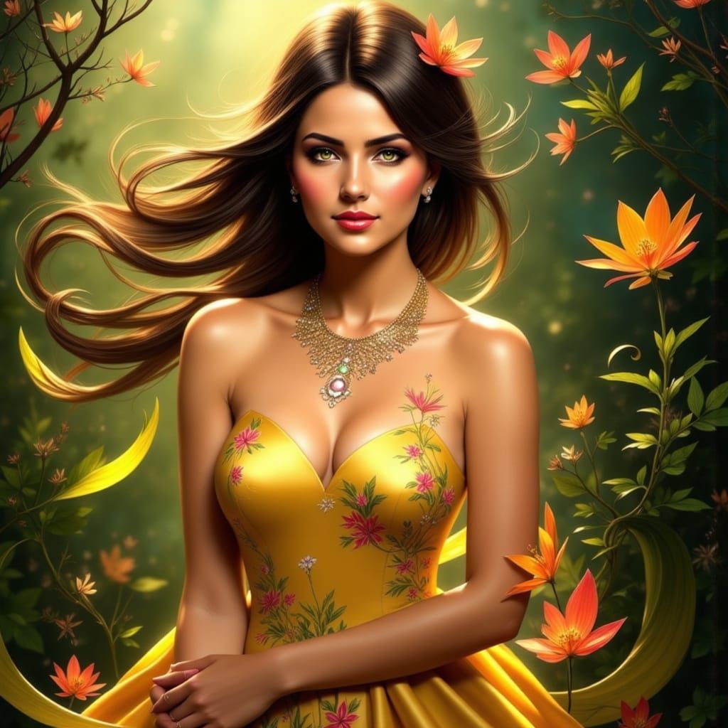 Elegant Woman in Lush Greenery with Golden Lighting