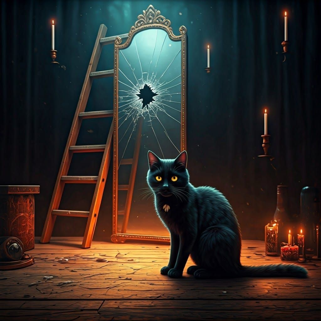 Superstitious Black Cat Under Ladder at Night