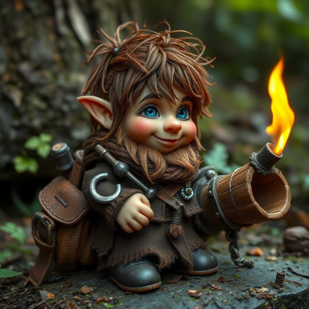 Small Gnome with Blue Eyes and Improvised Tools