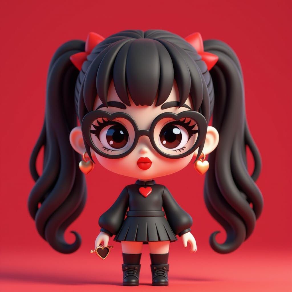 3D Chibi Girl with Heart Glasses Holds Earring