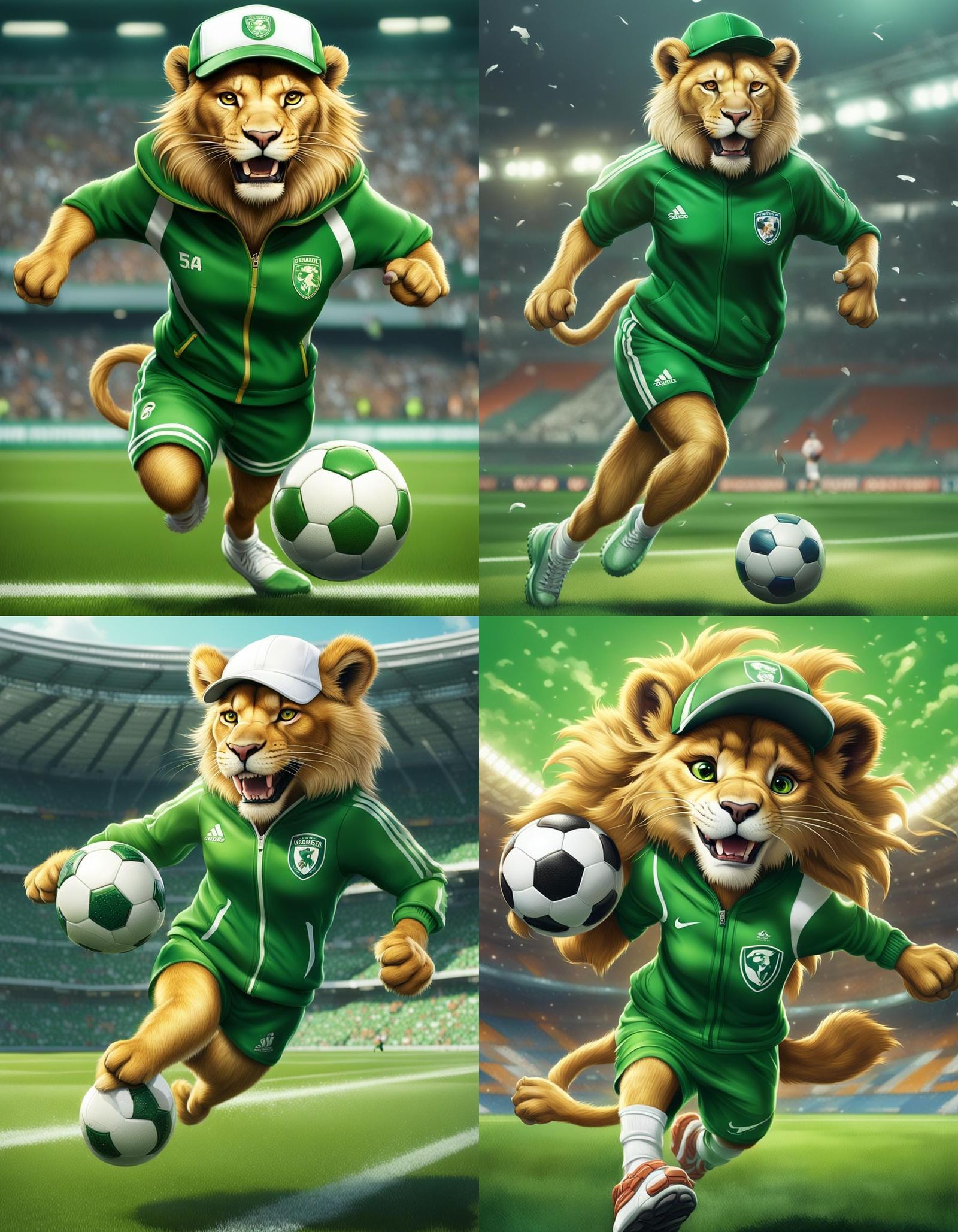 Anthropomorphic Lioness Running on Stadium Pitch