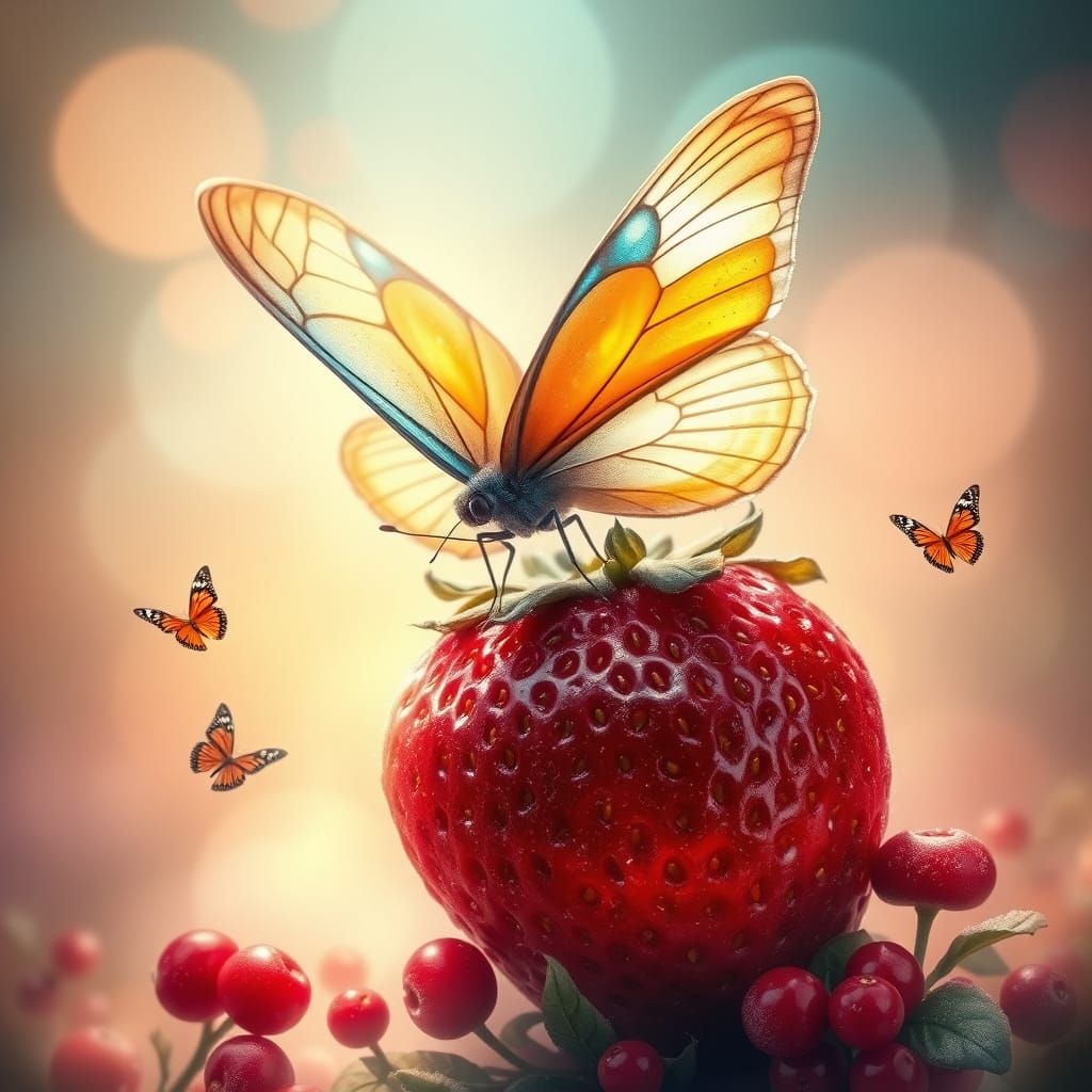 Ethereal Butterfly Reigns Over a Celestial Strawberry Realm