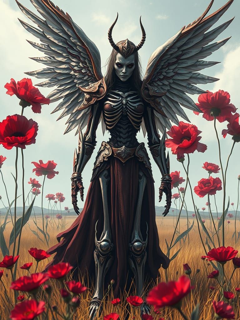 Skeletal Angeless Mocks in Crimson Floral Meadow