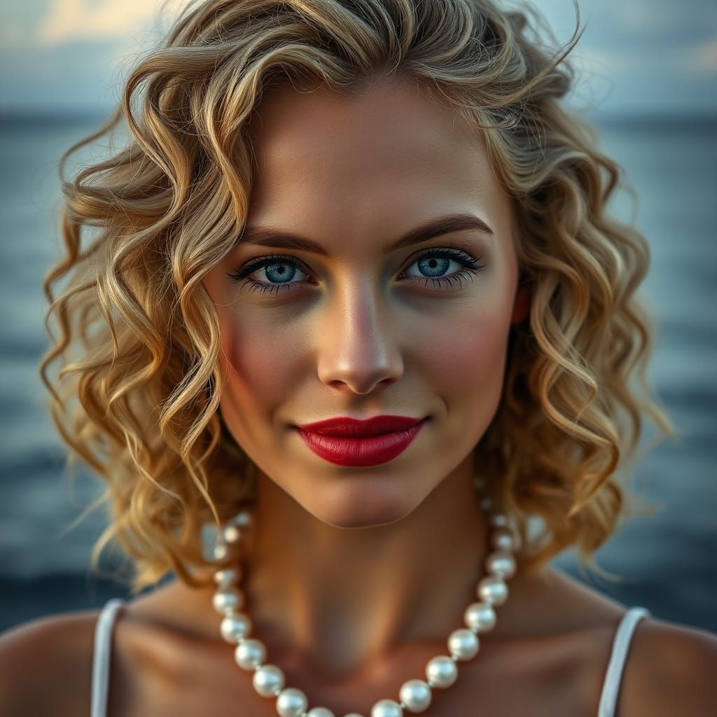 Photorealistic Portrait of a Blonde Woman with Pearl Necklac...