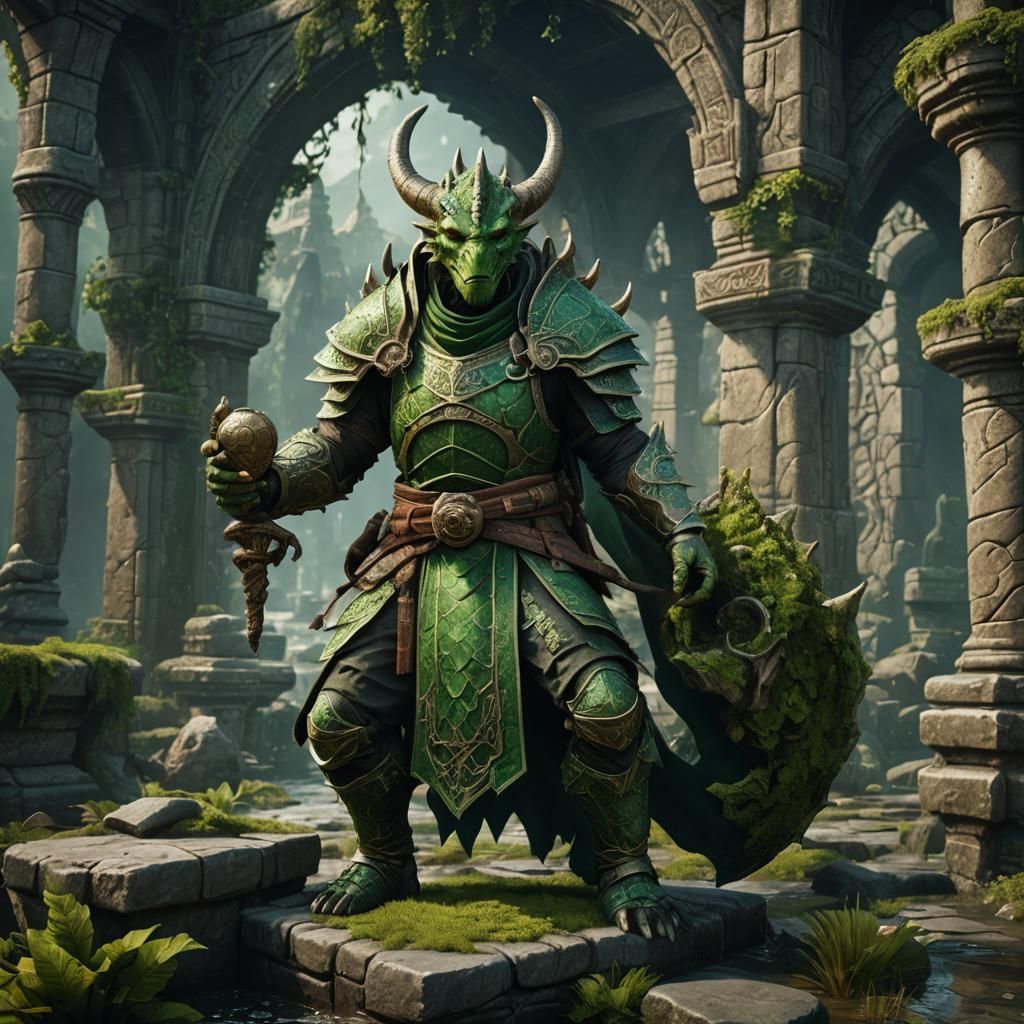 Green Dragonborn Monk Concept Art in 8K