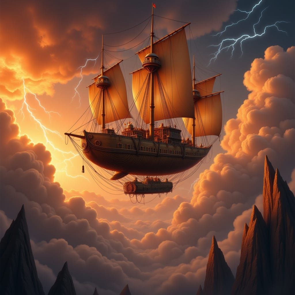Steampunk Airship in Stormy Sky Digital Painting