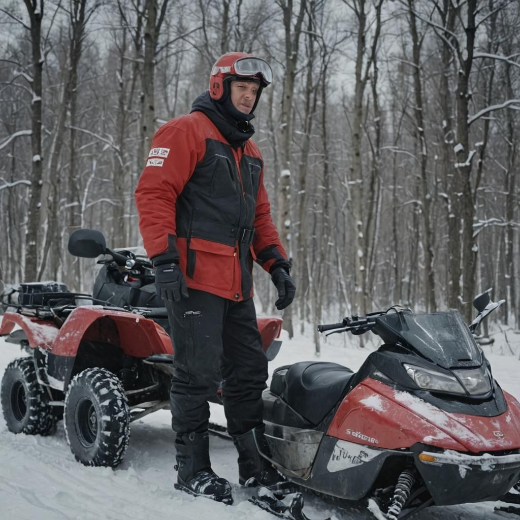 Confident Snowmobiler in Winter Landscape