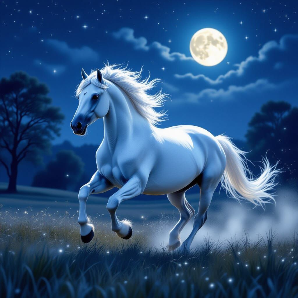 Majestic White Horse Gallops Through Starlit Meadow