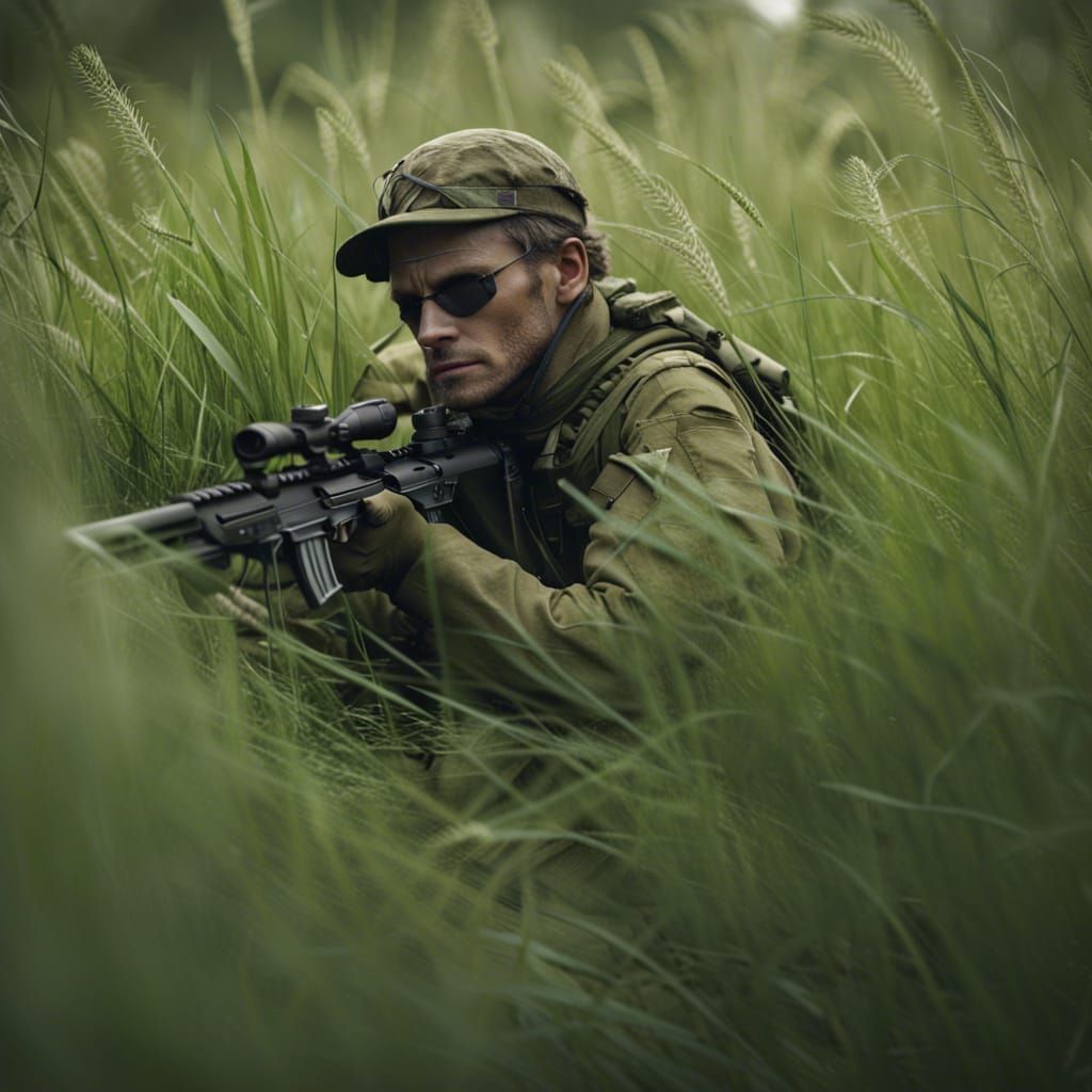 Sniper Hidden in Tall Grass