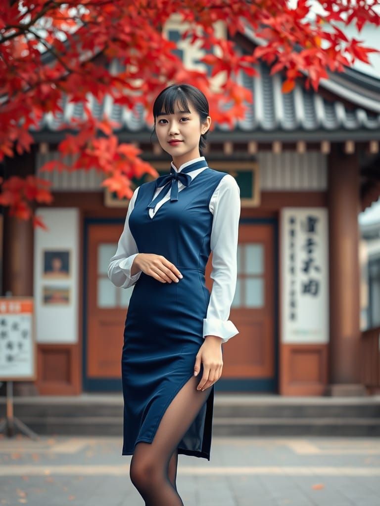 Autumn Shrine Maiden Posing in Jumper Dress