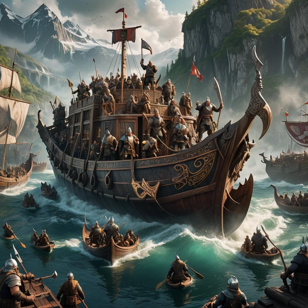 Vikings Paddle a Giant Boat: Fantasy Concept Art