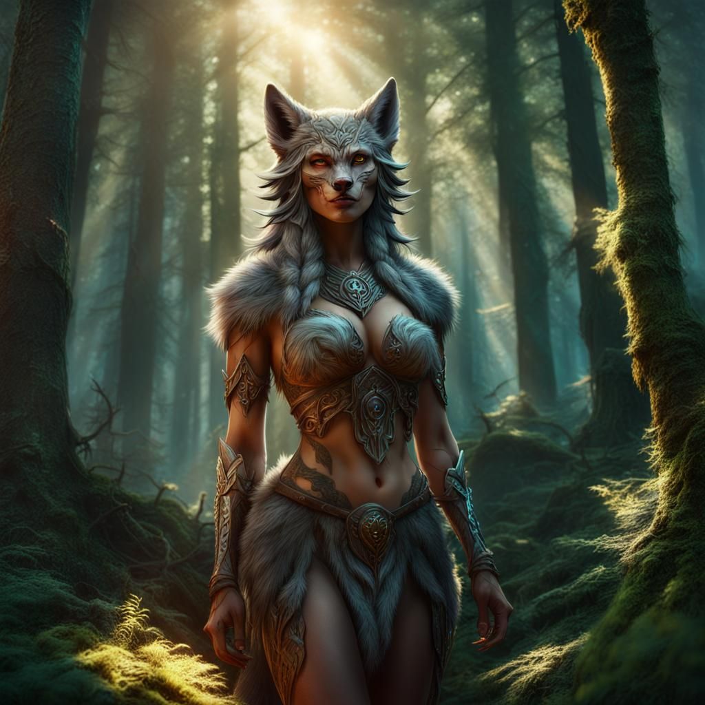 Fantasy Wolf Girl Druid in Forest, Detailed Art