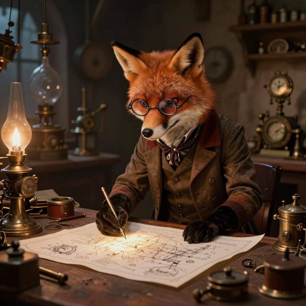 Victorian Fox Inventor Examines Glowing Blueprint