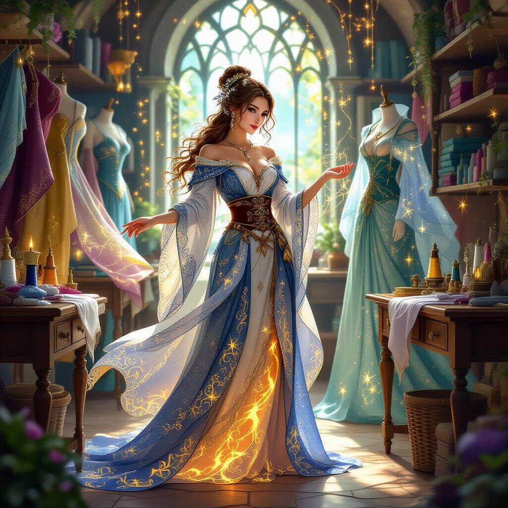 Female Spell Tailor Weaving Light in Mystical Atelier
