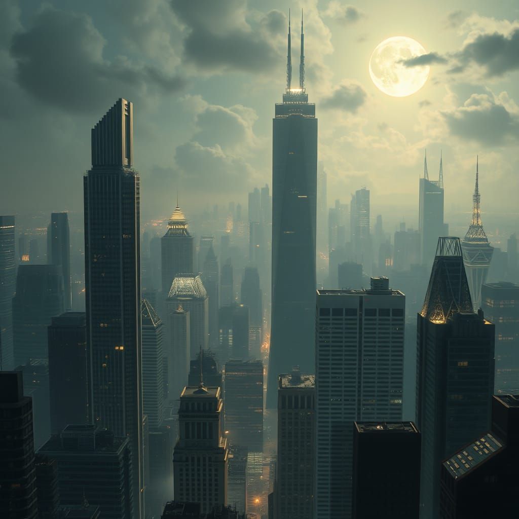 Moonlit Cityscape as Classic Oil Painting