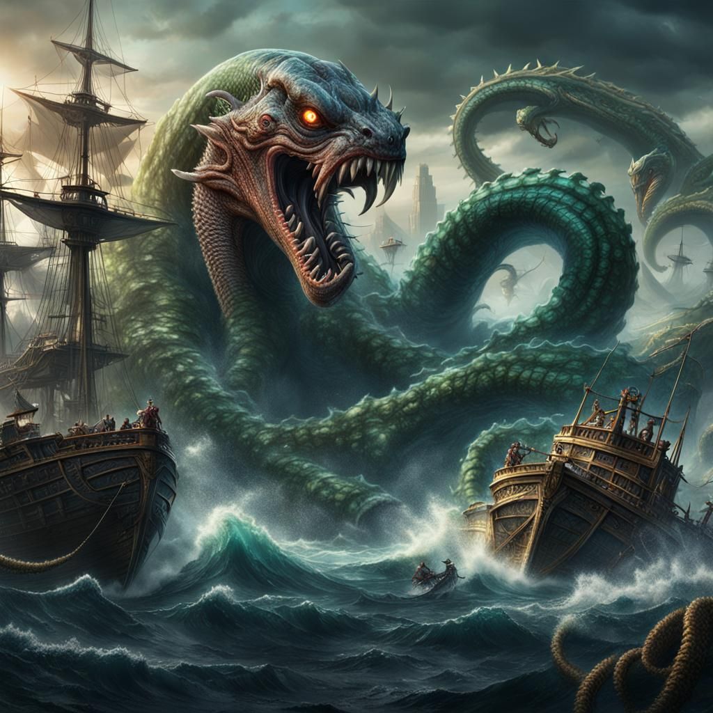Kraken, Leviathan, and Hydra Battle in Deep Color