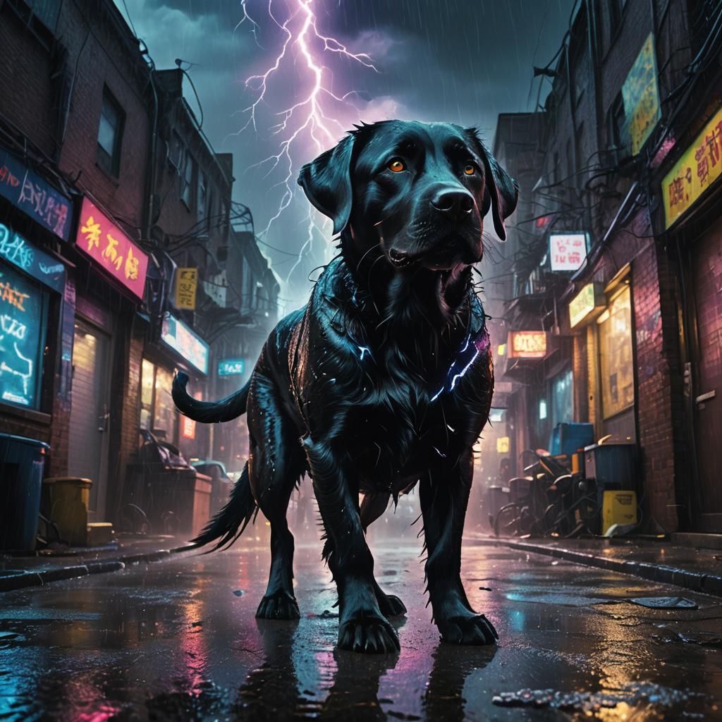 Cyberpunk Black Lab Hit by Lightning in Neo-Noir Alley