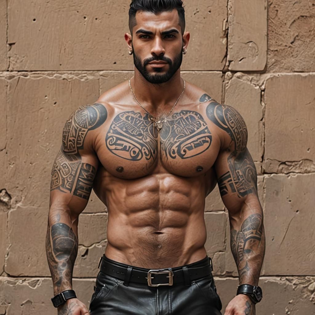 Tattooed Egyptian Male in Leather Underwear