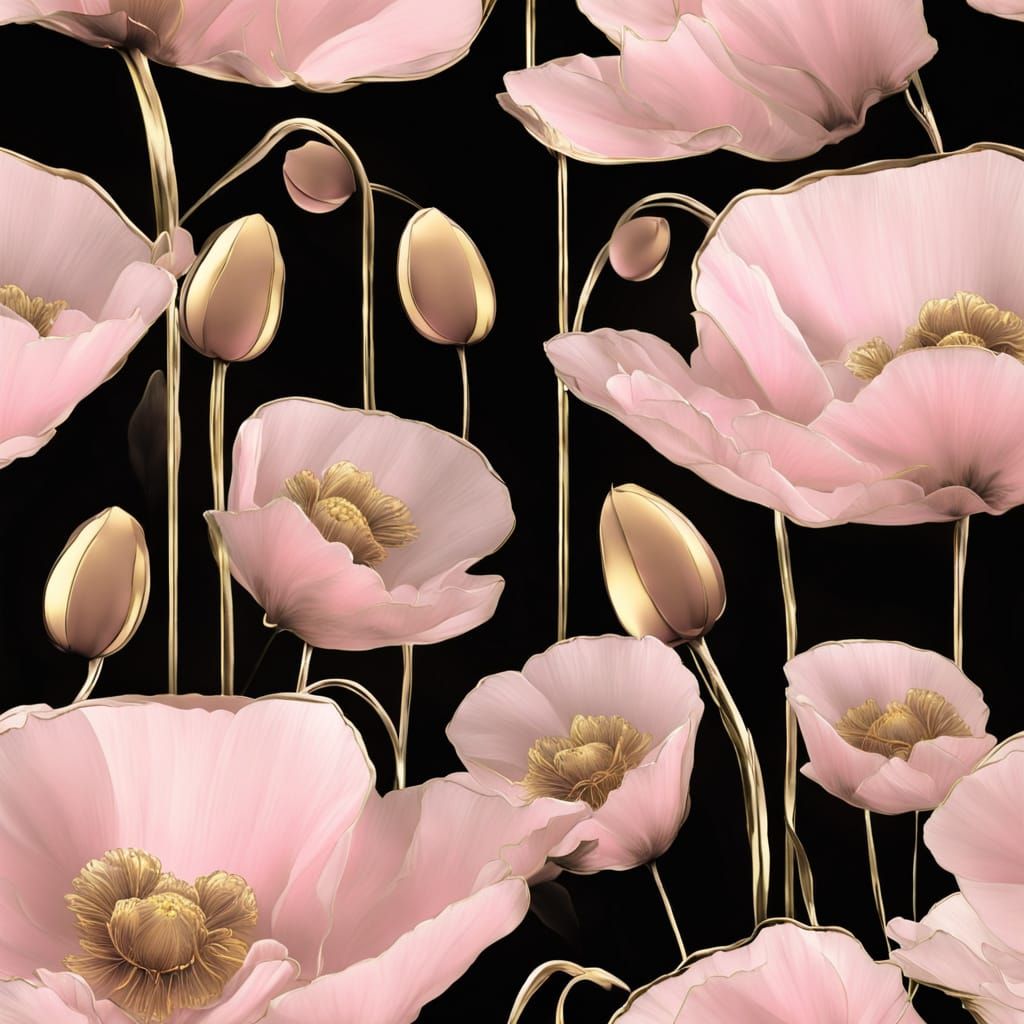 Transparent Pink Poppies with Gold Edges on Black Background