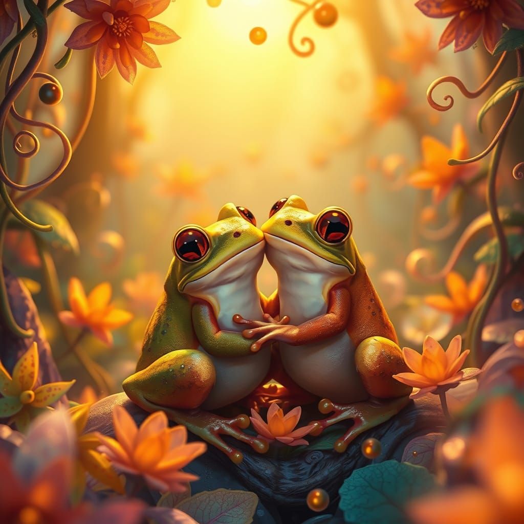 Whimsical Frogs in a Dreamlike Forest Scene
