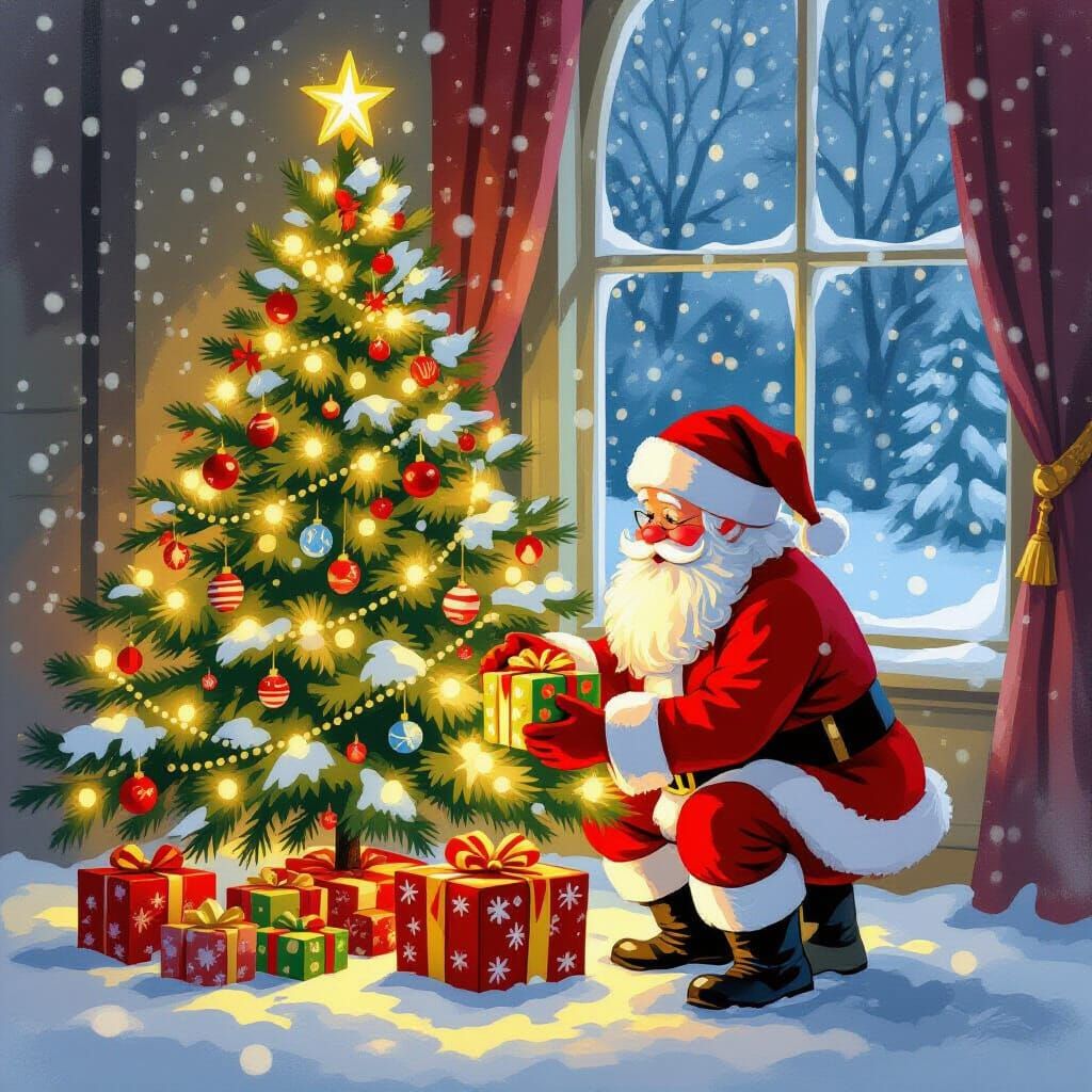 Santa Claus Decorates Christmas Tree in Cozy Storybook Style
