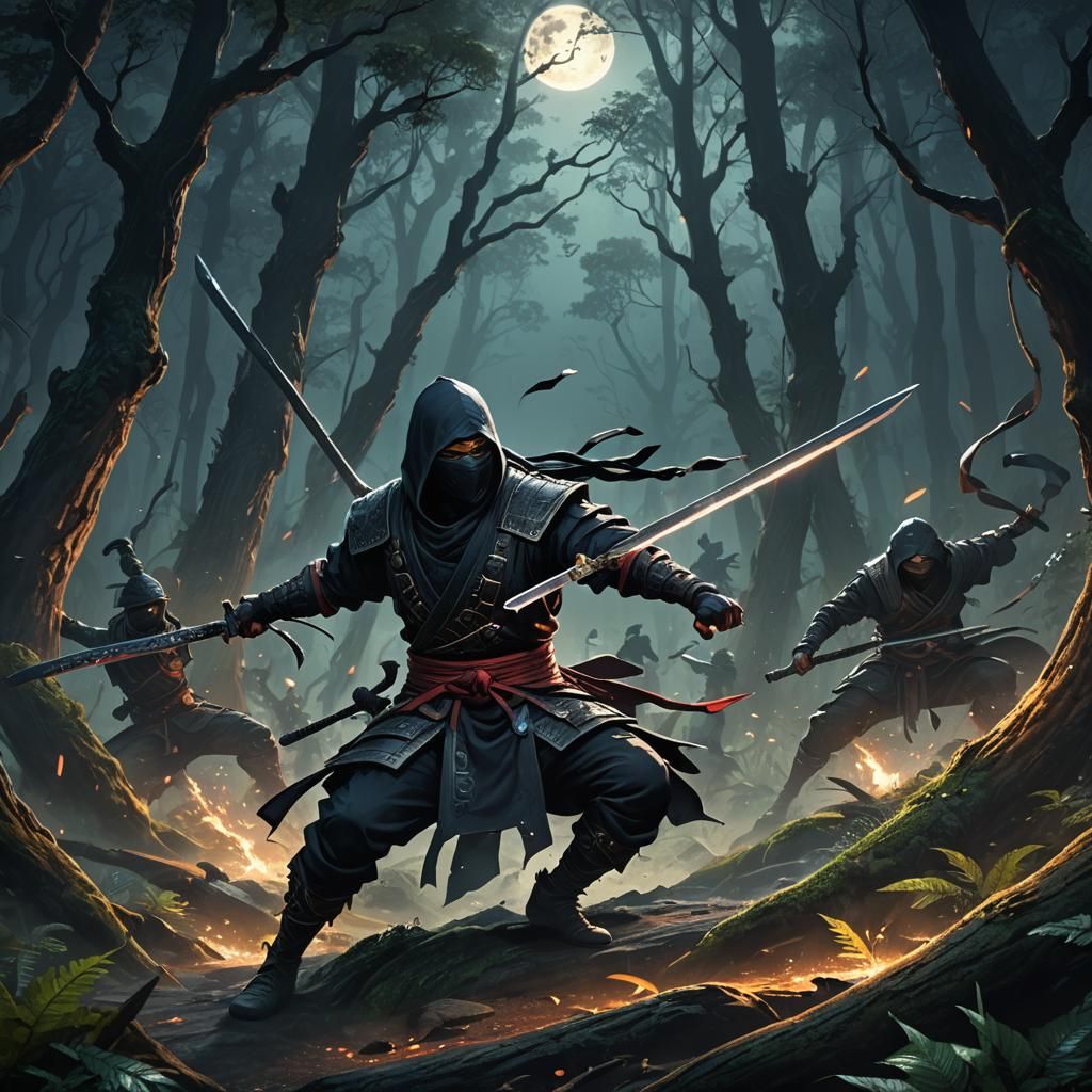 Mystical Ninja Fight in Moonlit Forest